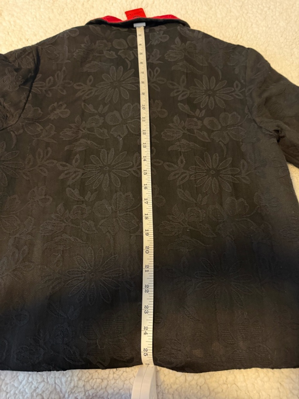 Black Embroidered Jacket with Red Collar and Multicolor Floral Detail - Picture 4 of 12